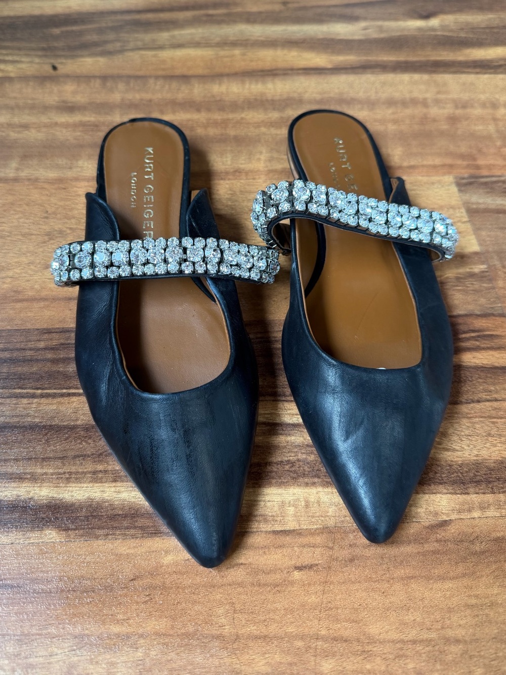 Kurt Geiger Black Leather Pointed Crystal-Strap Mules